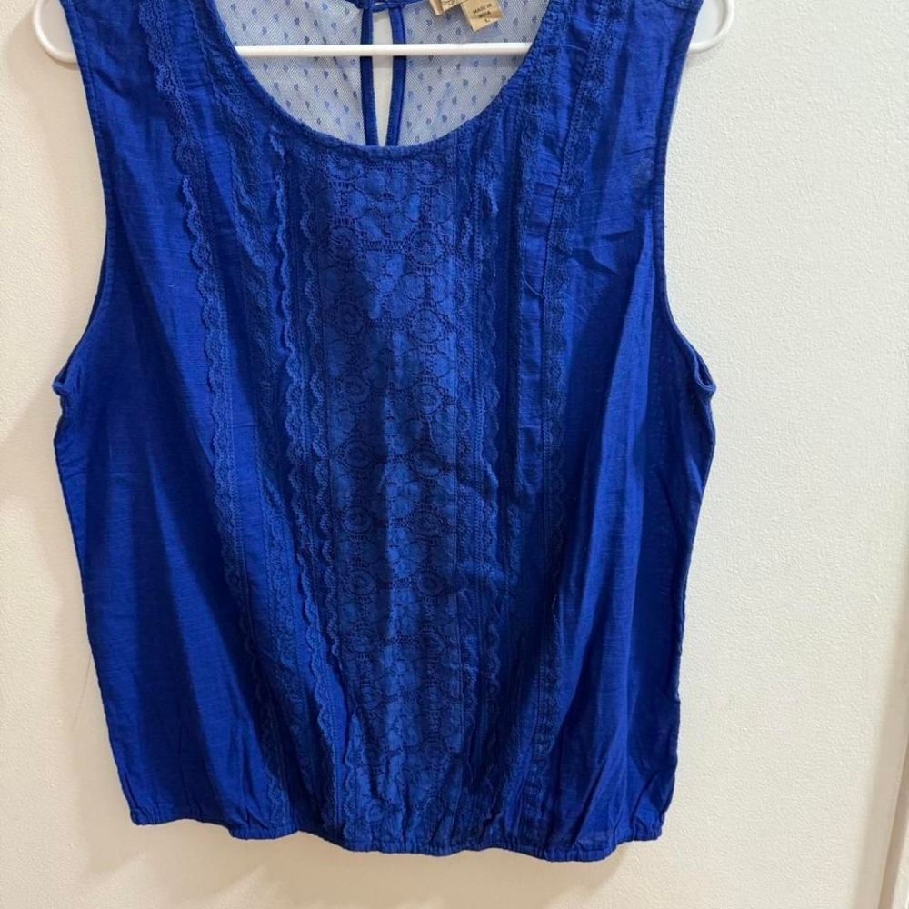 Vintage America Blues Royal Blue Lace Crochet Swiss Dot Sleeveless Blouse L